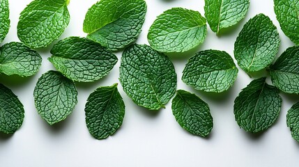 Spearmint leaves tumbling through the air, each leaf highlighted with natural detail and deep green color, isolated on a plain white background.