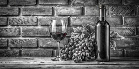 wine bottle and glass on wooden table