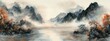 © AbstractAI - Watercolor ink landscape featuring a river mountains and fog in a traditional oriental art style