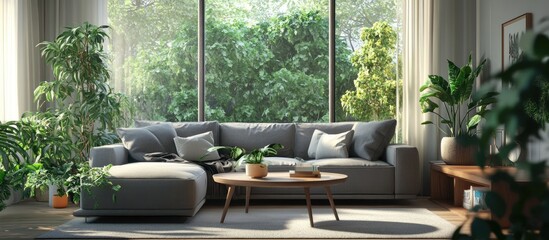 Wall Mural - 3D rendering of a beautiful living room interior featuring cozy grey sofas a table and houseplants by a window