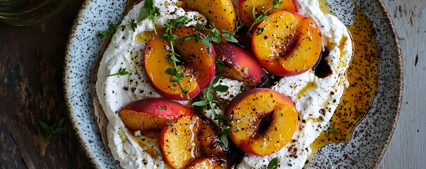 A close-up view of a gourmet dish featuring a generous serving of whipped ricotta cheese topped with freshly roasted peach slices