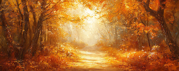 Wall Mural - An enchanting autumnal scene featuring a forest path bathed in the golden hues of fall