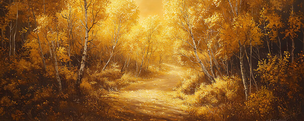 Wall Mural - An enchanting autumnal scene featuring a forest path bathed in the golden hues of fall