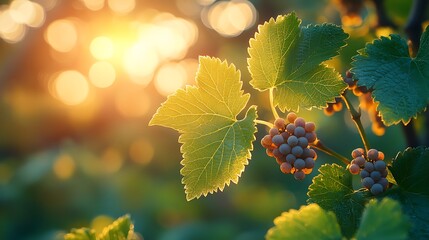 Wall Mural - A close-up of grapevine leaves and tendrils, with tiny, budding grapes visible, the soft light and blurred background highlighting the intricate patterns and textures, cinematic atmosphere,