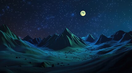 Fototapete - Mountain night landscape with light painting in 3D cartoon rendering