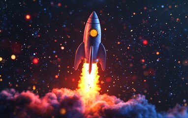 Aufkleber - Rocket takes off into space with a light blast in a starry sky depicted in 3D cartoon rendering Spaceship launch against a dark background concept