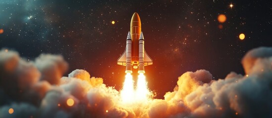 Aufkleber - 3D cartoon rendering of a new spaceship shuttle successfully lifting off into the starry sky with blasts and puffs of smoke Space mission and rocket launch