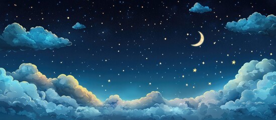 Poster - Night sky with clouds and stars in 3D cartoon rendering