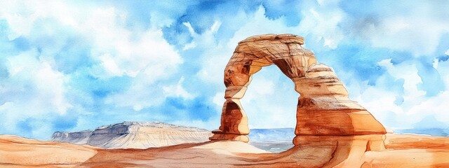 Wall Mural - Watercolor sketch of a delicate arch under a blue sky