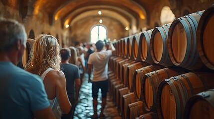 Canvas Print - A group of visitors inside a rustic wine cellar during a winery tour, surrounded by rows of oak barrels, the guide explaining the aging process,