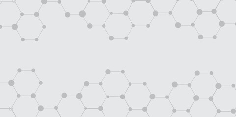 Leinwandbilder - Molecular structure abstract tech background. Geometric grey background. Vector banner design with hexagons. Science network pattern, connecting lines and dots Medical background, Vector illustration 
