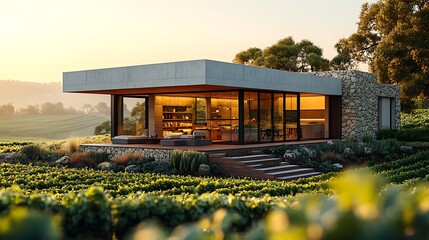 Sticker - A modern winery building with minimalist design, large glass walls offering panoramic views of the surrounding vineyards, integrated with traditional stone features, bathed in warm, golden light,