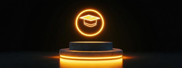 Poster - Gold glossy icon representing a graduate on a white marble podium Contemporary symbol for web social media presentations and design template elements 3D rendering