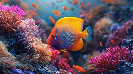  A vibrant underwater scene unfolds as a colorful fis