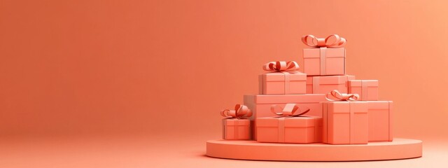 Minimal background showcasing a special offer and major sale season Coral shopping box podium accompanied by a stack of cardboard gift boxes 3D rendering illustration