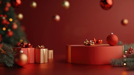 Aufkleber - Festive 3D render illustration featuring a red and gold podium for gifts in a dimly lit studio Empty area for promotional design with winter decor and Christmas ornaments