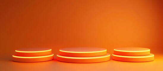 Poster - Orange podium featuring neon orange circles A modern platform for showcasing products Orange presentation stand
