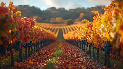 Sticker - A serene vineyard in the fall, with rows of grapevines covered in a mix of red, orange, yellow, and green leaves, the warm autumn light casting soft shadows across the landscape,