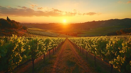 Poster - A sunset vineyard with rows of grapevines stretching across rolling hills, bathed in the golden light of the setting sun, the sky ablaze with orange and pink hues,