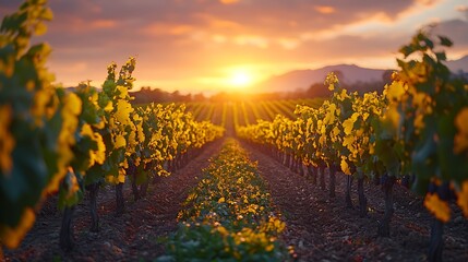 Sticker - A tranquil vineyard at dusk, with the last rays of sunlight illuminating the grapevines, the sky a blend of warm oranges and purples, creating a peaceful and serene scene, HD quality,