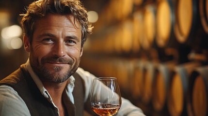 Poster - A winemaker at work in a cellar, tasting wine from a glass, with rows of oak barrels in the background, the warm, ambient light highlighting the careful, artisanal process, rich textures,