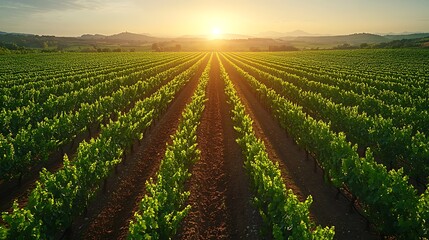 Canvas Print - Aerial shot of a vineyard, showcasing the symmetry of the rows of grapevines, with the landscape illuminated by the warm light of late afternoon, capturing the beauty and order of the vineyard,