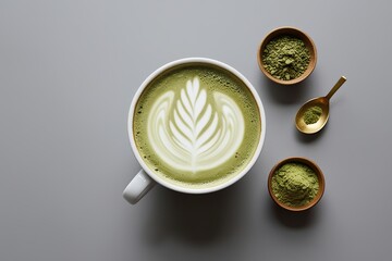 Wall Mural - Bowl of Matcha Latte with Frothy Pattern Isolated on Grey Background