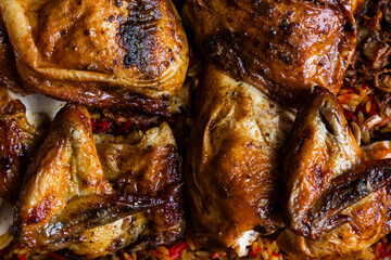 closeup of roasted chicken with spices in chicken kabsah, mandi rice