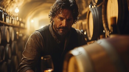 Poster - Candid shot of a winemaker blending wine in a dimly lit cellar, the deep shadows and warm light creating a moody, atmospheric scene, with oak barrels and wine bottles in the background,