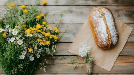 Rustic Oat Bread with Bouquet of Wildflowers on Wooden Table in Natural Light