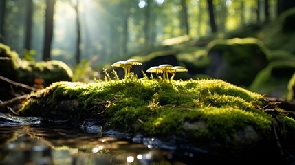 Poster - a group of mushrooms growing on moss. 