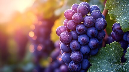 Poster - Macro view of deep purple grapes on the vine, covered in morning dew, the soft light of dawn enhancing the vibrant colors and textures, with blurred green leaves in the background, natural and serene,