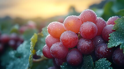 Poster - Ripe grapes on the vine, covered in glistening dew, captured in a close-up shot with soft morning light enhancing the rich colors and textures,