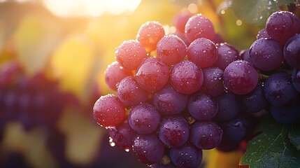 Poster - Ripe grapes on the vine, covered in glistening dew, captured in a close-up shot with soft morning light enhancing the rich colors and textures,