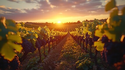 Canvas Print - Sunset over a vineyard with vibrant grapevines, the sun casting a golden glow on the landscape, with long shadows and rich, warm tones throughout, the sky painted with soft pink and orange clouds,