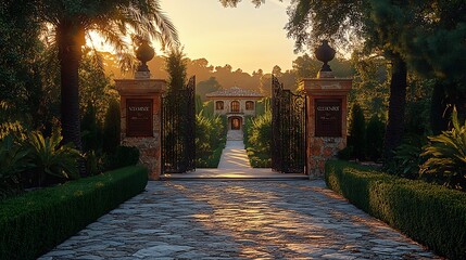 Canvas Print - The elegant entrance of a winery, featuring a beautifully carved wooden sign and lush greenery on either side, with a stone path leading through manicured gardens towards the entrance,