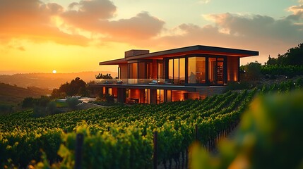 Canvas Print - The striking architecture of a winery, combining sleek, contemporary lines with rustic, traditional materials, nestled in a scenic vineyard, with the setting sun casting a warm glow over the building,