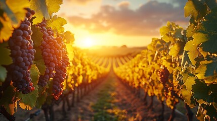 Wall Mural - The sun setting over a lush vineyard, with grapevines glowing in the warm light, the sky filled with vibrant colors of dusk, soft light enhancing the textures of the leaves and grapes,