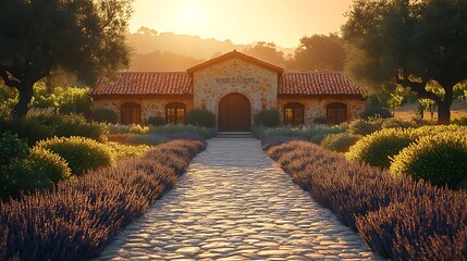 Poster - The welcoming entrance of a winery, with a beautifully designed sign, lush gardens, and a stone pathway leading to the door, the scene softly lit by the golden light of sunset,