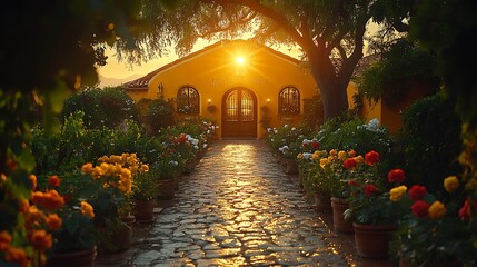 Poster - The welcoming entrance of a winery, with a beautifully designed sign, lush gardens, and a stone pathway leading to the door, the scene softly lit by the golden light of sunset,