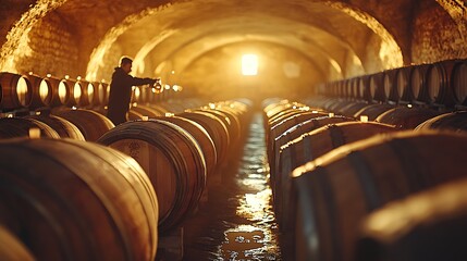 Poster - Winemaker testing the quality of wine in a rustic cellar, surrounded by oak barrels, with the warm light casting soft shadows, capturing the craftsmanship and dedication in the process,