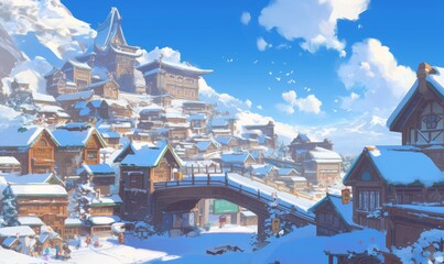 Enchanting Northeast China Snow Village: Anime-Inspired Winter Wonderland. Vibrant Illustration of Fairy-Tale Town for Home Decor, NFT Art, and Tourism Marketing. Perfect for Wallpapers, Apparel Desig