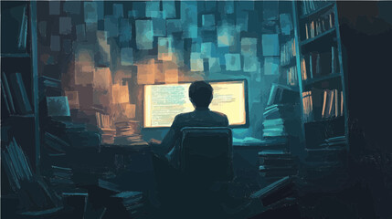 Vector illustration of a programmer surrounded by code, symbolizing the concept of sadness or frustration in programming. Ideal for tech content.