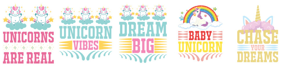 Naklejka na meble Elegant Unicorn Tshirt Design Bundle Calligraphic Lettering, Trendy Retro Style Illustration Set Vector Illustration for Wrapping Paper, Banner, Announcement