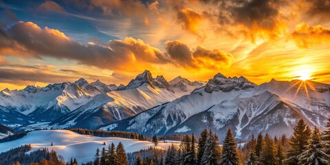 Wall Mural - Scenic view of a sunset over snow-capped mountains