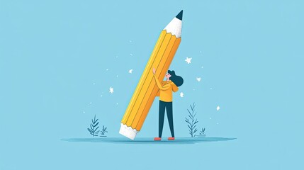 Wall Mural - woman holding a giant pencil with a blue background