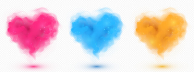 Wall Mural - pink, blue and yellow 3d cloud of heart shape. realistic vector illustration set of abstract dream m