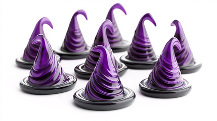 Witch hat-shaped candies, purple and black colors, detailed illustration, isolated on white background