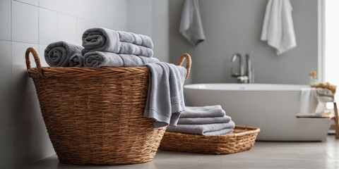 Laundry Basket with Towels in a Modern Bathroom.