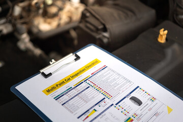 Wall Mural - a multi-point car maintenance and inspection checklist paper on clipboard, that placed at car front 